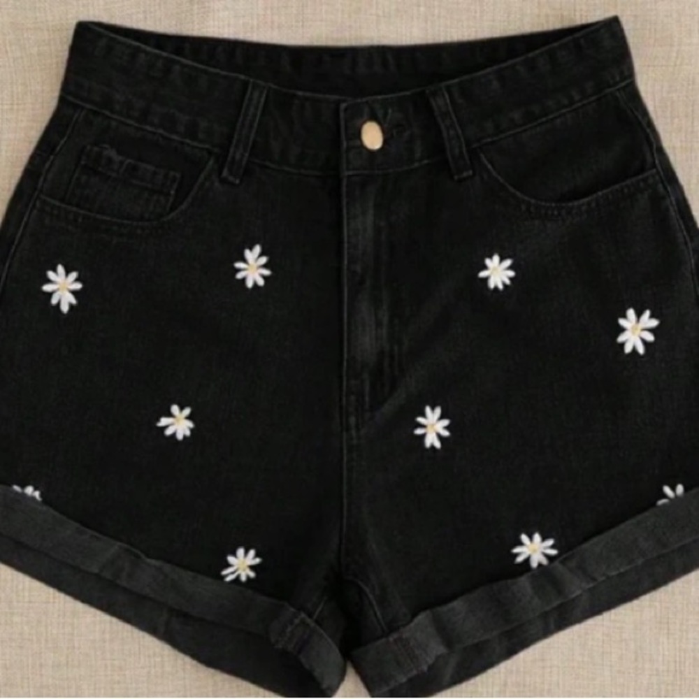 Black Daisy Embroidered High-Rise Denim Shorts
